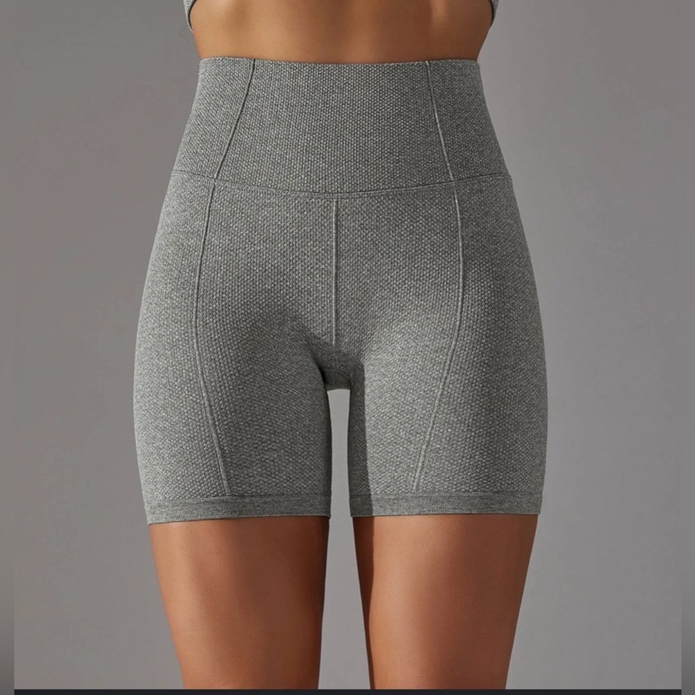Gray High-Waisted Bike Shorts with Seam Details